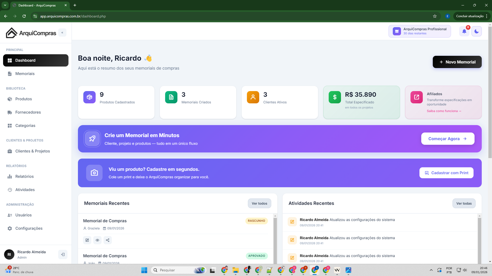 Dashboard ArquiCompras - Visão geral dos memoriais e estatísticas
