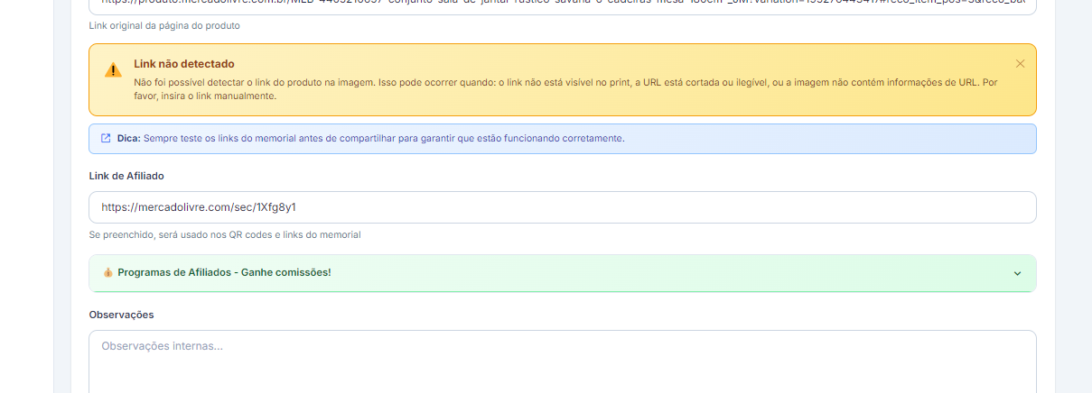 Detalhe do campo de Link de Afiliado