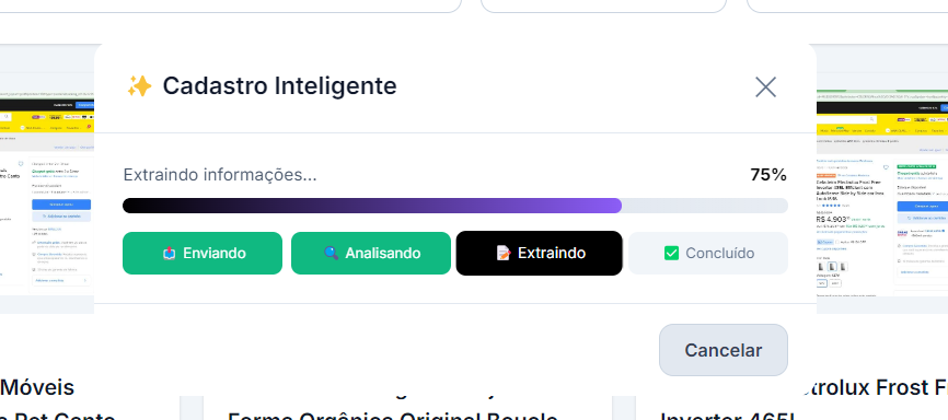 Modal do Cadastro Inteligente extraindo informações